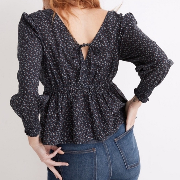 Madewell, New, Tie Back Navy Floral Peplum Campden Daisies Shirt, Size Large - Picture 3 of 15